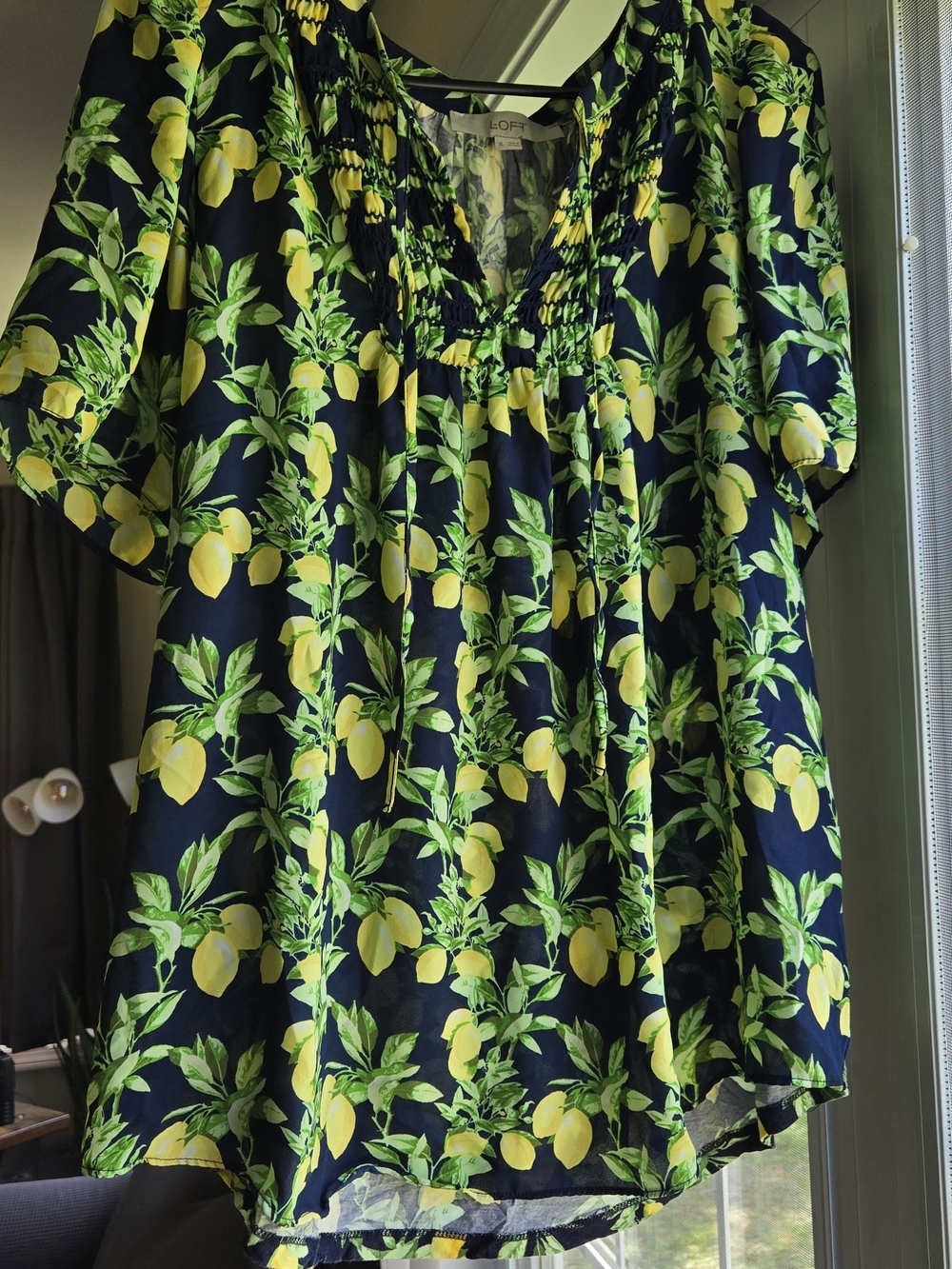 LOFT Navy Lemon Print V-Neck Blouse - Picture 2 of 4